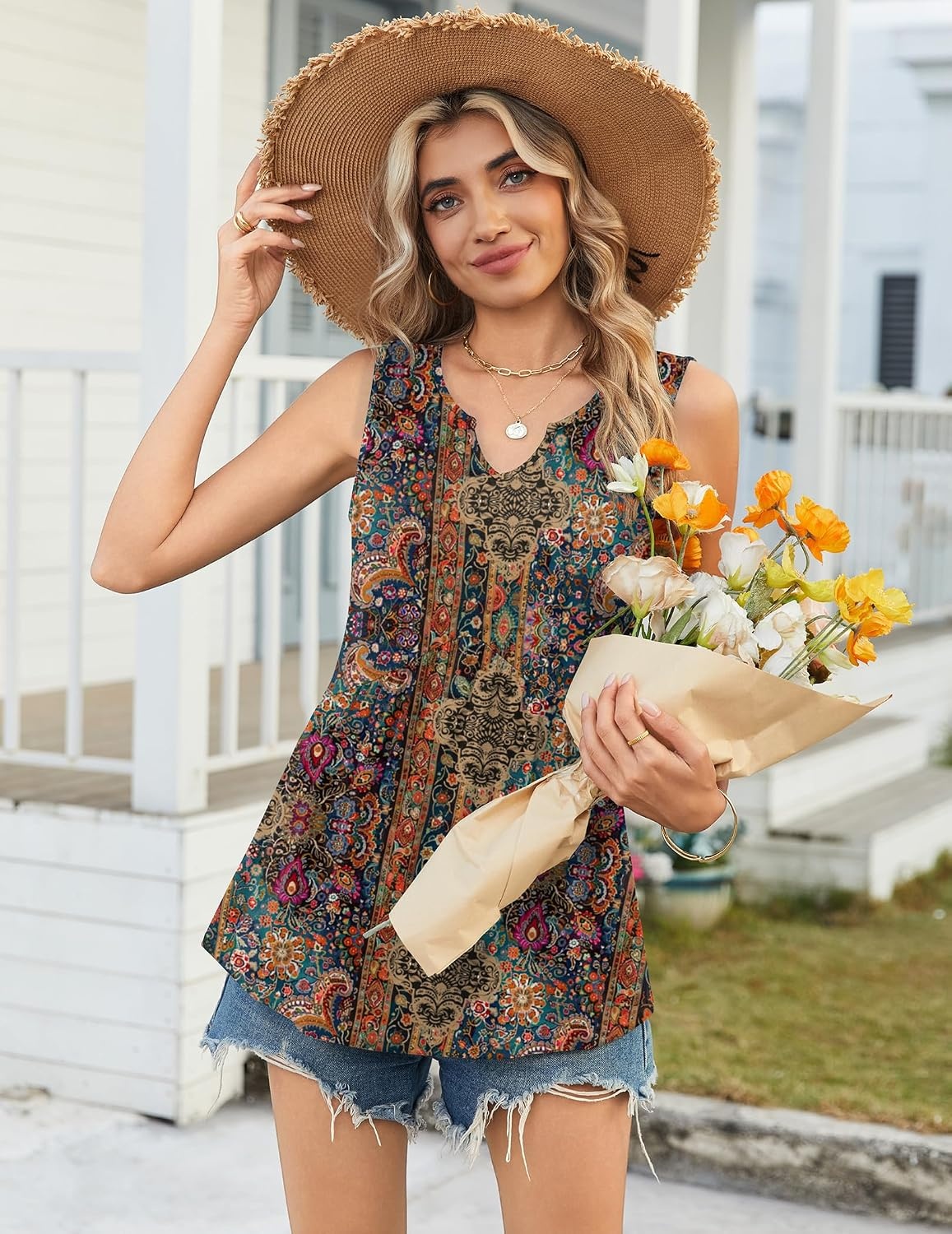 image:imageZeagoo Womens Tank Tops Sleeveless Peplum V Neck Babydoll Casual Flowy Boho Beach Summer ShirtsPrint Mz721