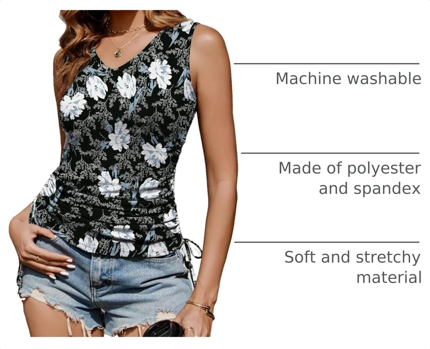 image:imageZeagoo Womens Tank Tops Summer Ruched Top V Neck Sleeveless Drawstring Side Casual Trendy Shirts 2026Fblack Flower