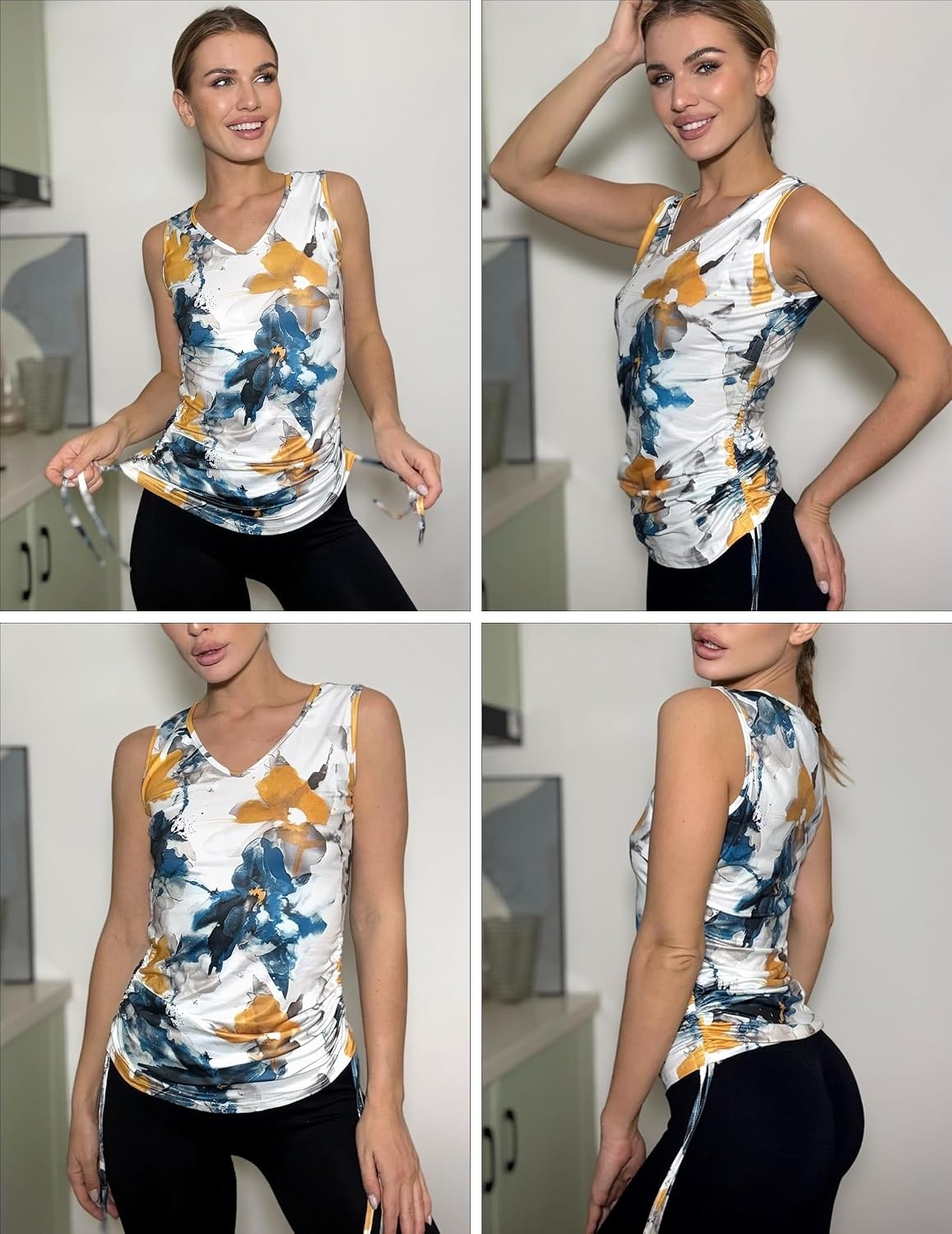 image:imageZeagoo Womens Tank Tops Summer Ruched Top V Neck Sleeveless Drawstring Side Casual Trendy Shirts 2026Ftie Dye Flower