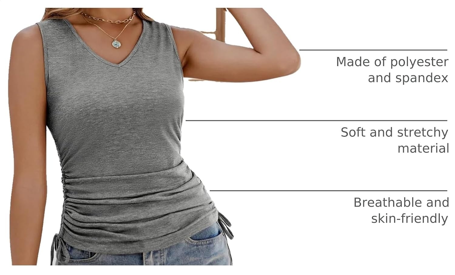 image:imageZeagoo Womens Tank Tops Summer Ruched Top V Neck Sleeveless Drawstring Side Casual Trendy Shirts 2026Grey