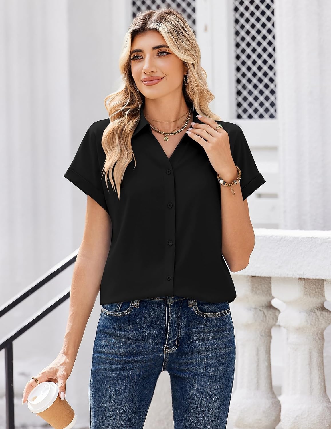 image:imageZeagoo Womens Tops Short Sleeve Shirt Button Down V Neck Casual Blouse 2026Black