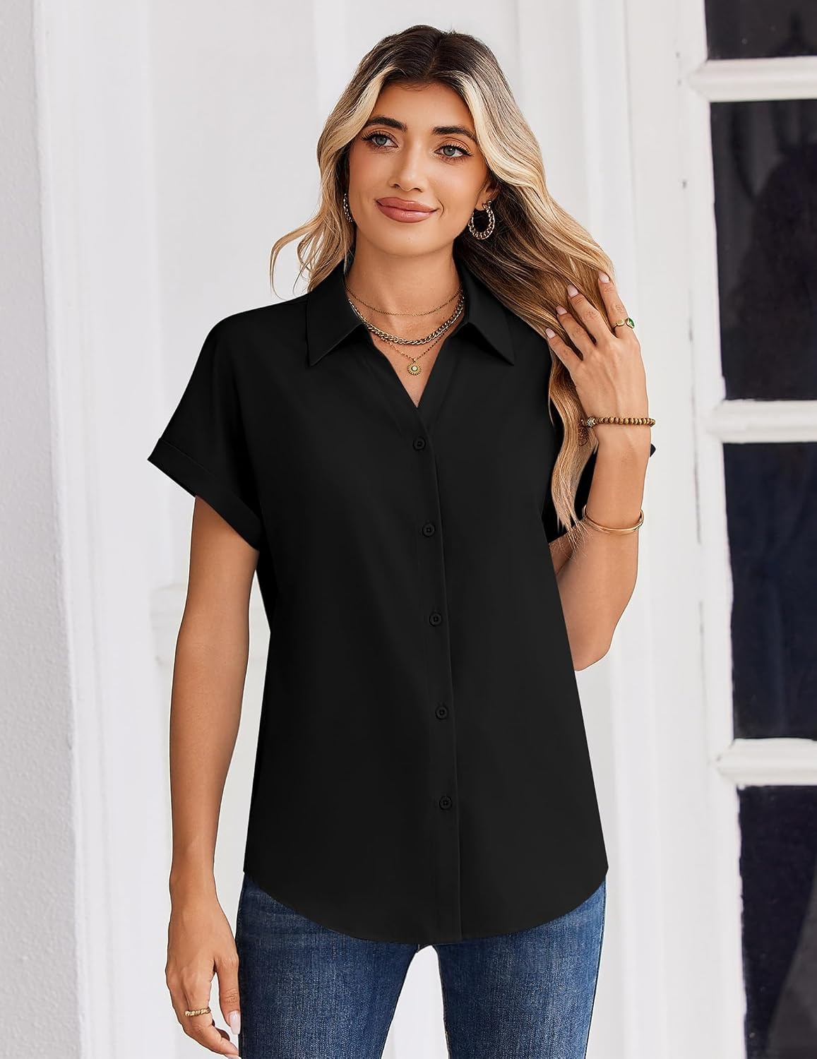 image:imageZeagoo Womens Tops Short Sleeve Shirt Button Down V Neck Casual Blouse 2026Black