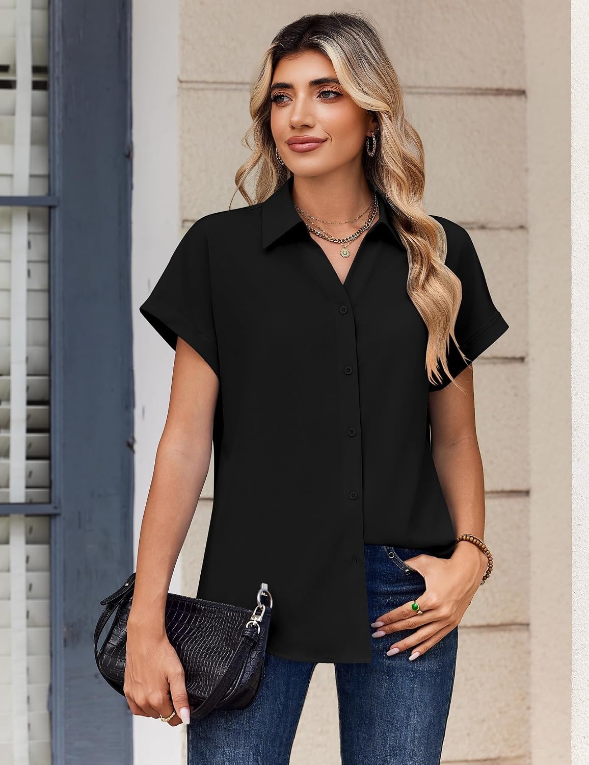 image:imageZeagoo Womens Tops Short Sleeve Shirt Button Down V Neck Casual Blouse 2026Black