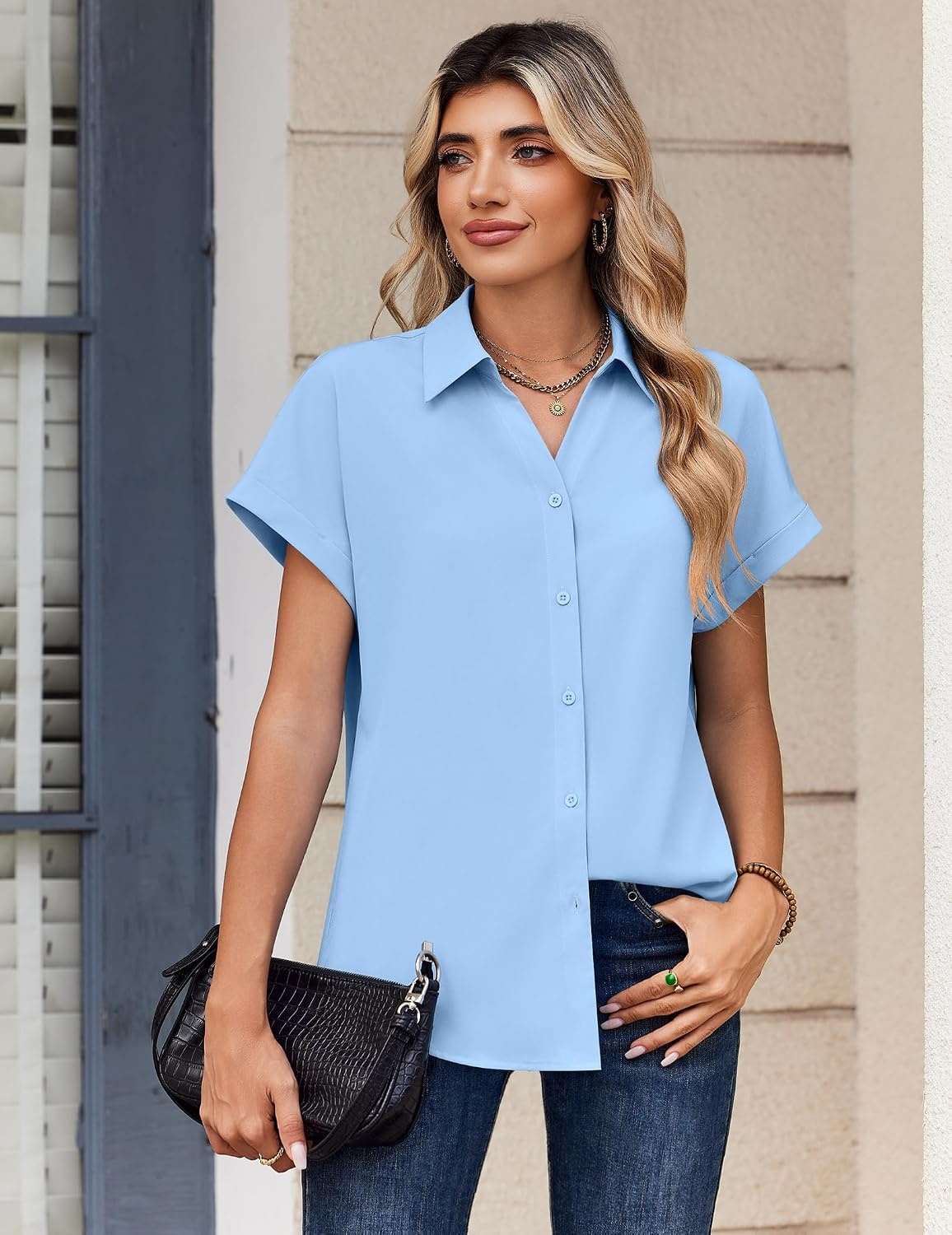 image:imageZeagoo Womens Tops Short Sleeve Shirt Button Down V Neck Casual Blouse 2026Blue