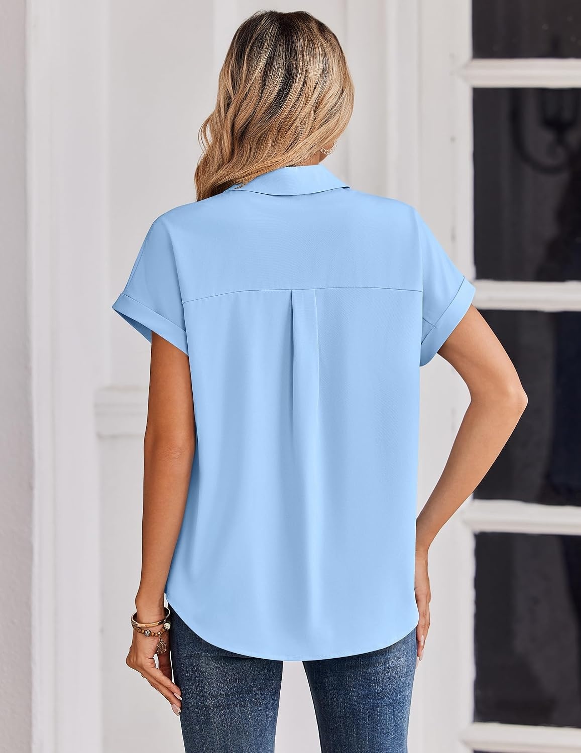 image:imageZeagoo Womens Tops Short Sleeve Shirt Button Down V Neck Casual Blouse 2026Blue