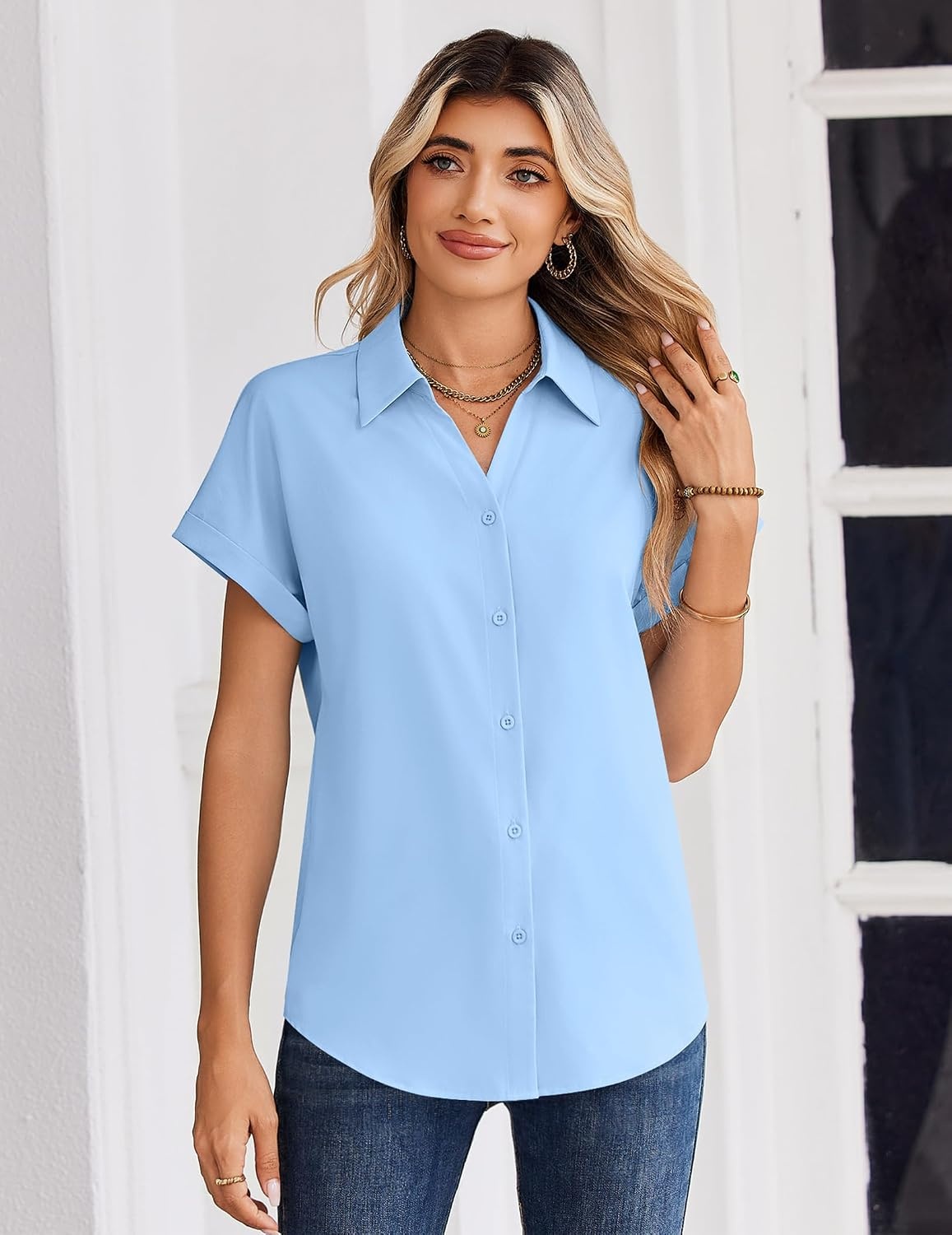 image:imageZeagoo Womens Tops Short Sleeve Shirt Button Down V Neck Casual Blouse 2026Blue