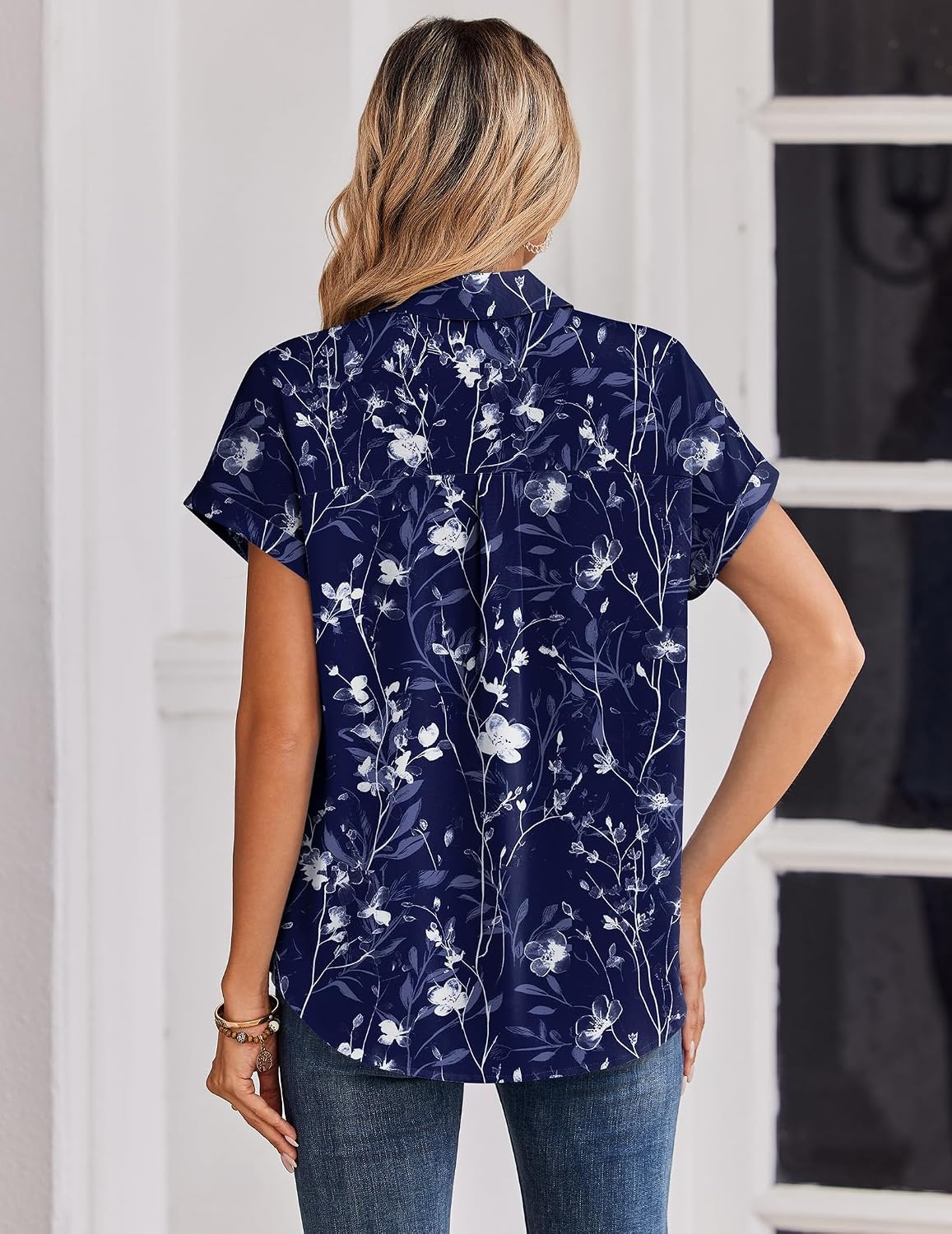 image:imageZeagoo Womens Tops Short Sleeve Shirt Button Down V Neck Casual Blouse 2026Floral Navy