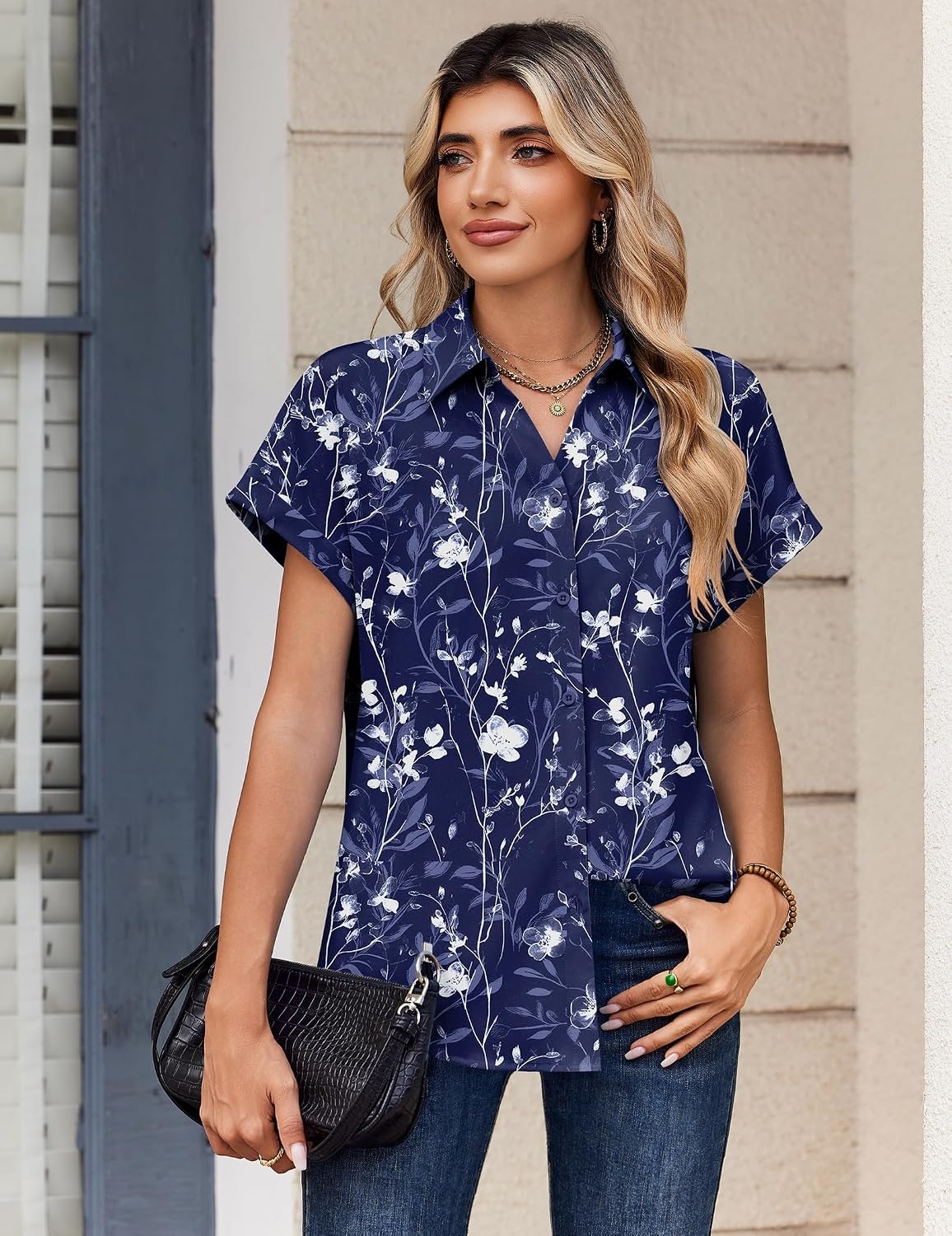 image:imageZeagoo Womens Tops Short Sleeve Shirt Button Down V Neck Casual Blouse 2026Floral Navy