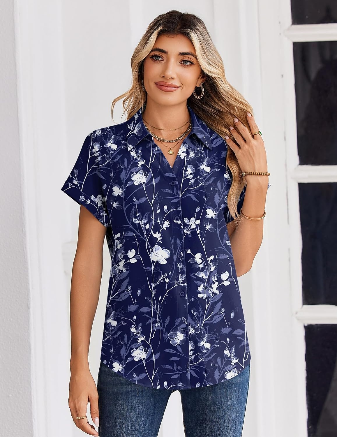 image:imageZeagoo Womens Tops Short Sleeve Shirt Button Down V Neck Casual Blouse 2026Floral Navy