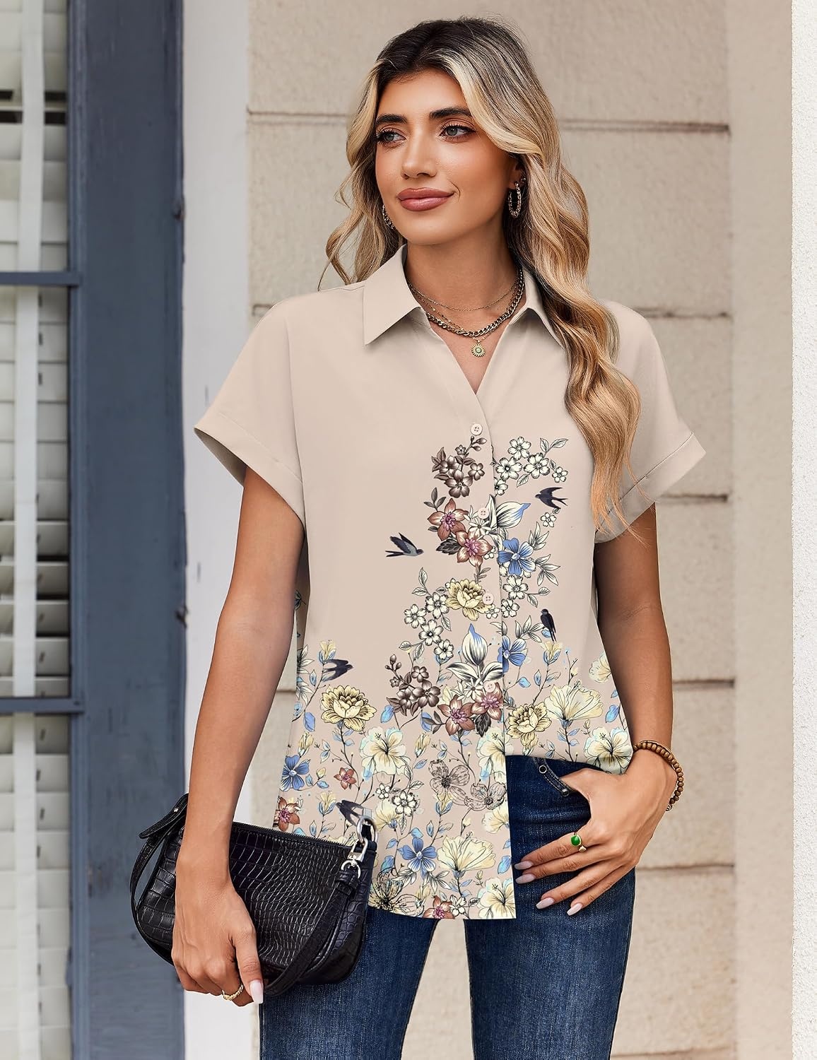 image:imageZeagoo Womens Tops Short Sleeve Shirt Button Down V Neck Casual Blouse 2026Flower Beige