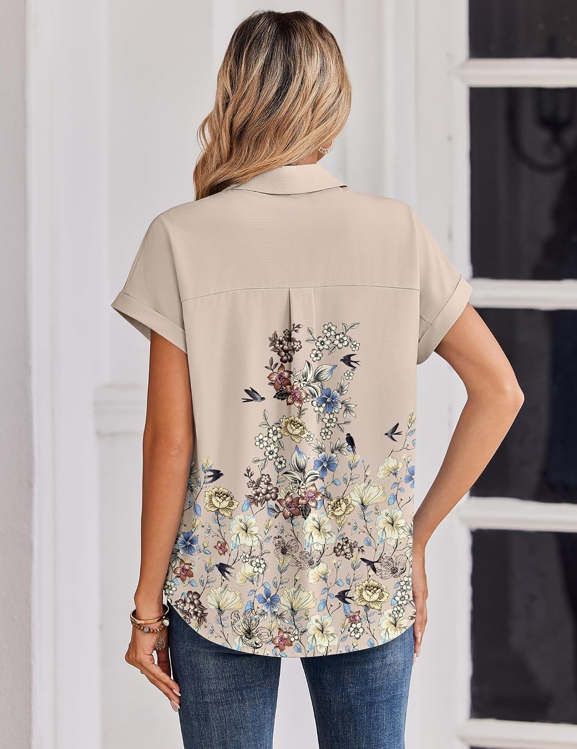 image:imageZeagoo Womens Tops Short Sleeve Shirt Button Down V Neck Casual Blouse 2026Flower Beige
