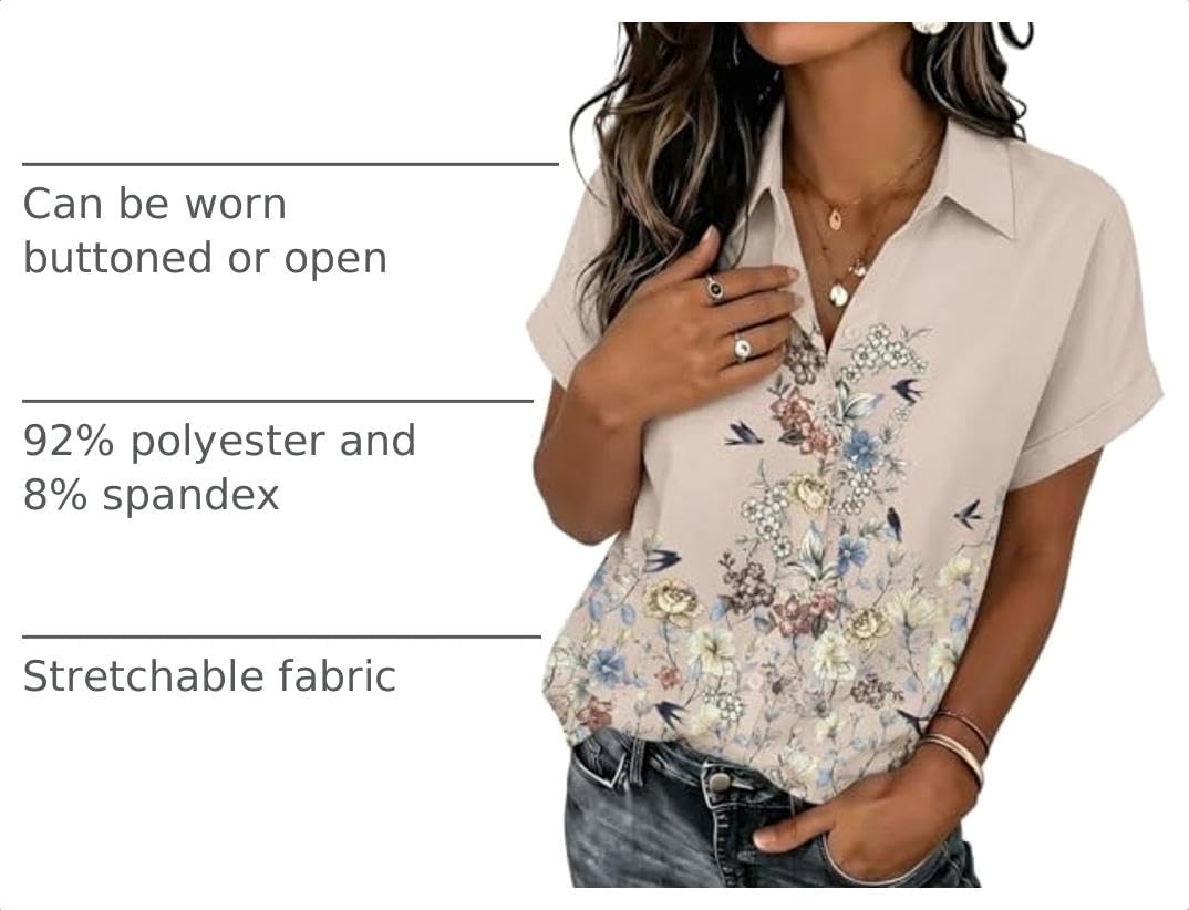 image:imageZeagoo Womens Tops Short Sleeve Shirt Button Down V Neck Casual Blouse 2026Flower Beige