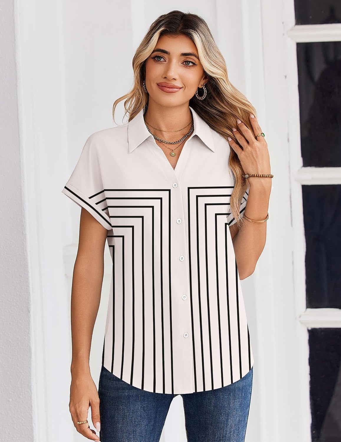 image:imageZeagoo Womens Tops Short Sleeve Shirt Button Down V Neck Casual Blouse 2026Multi