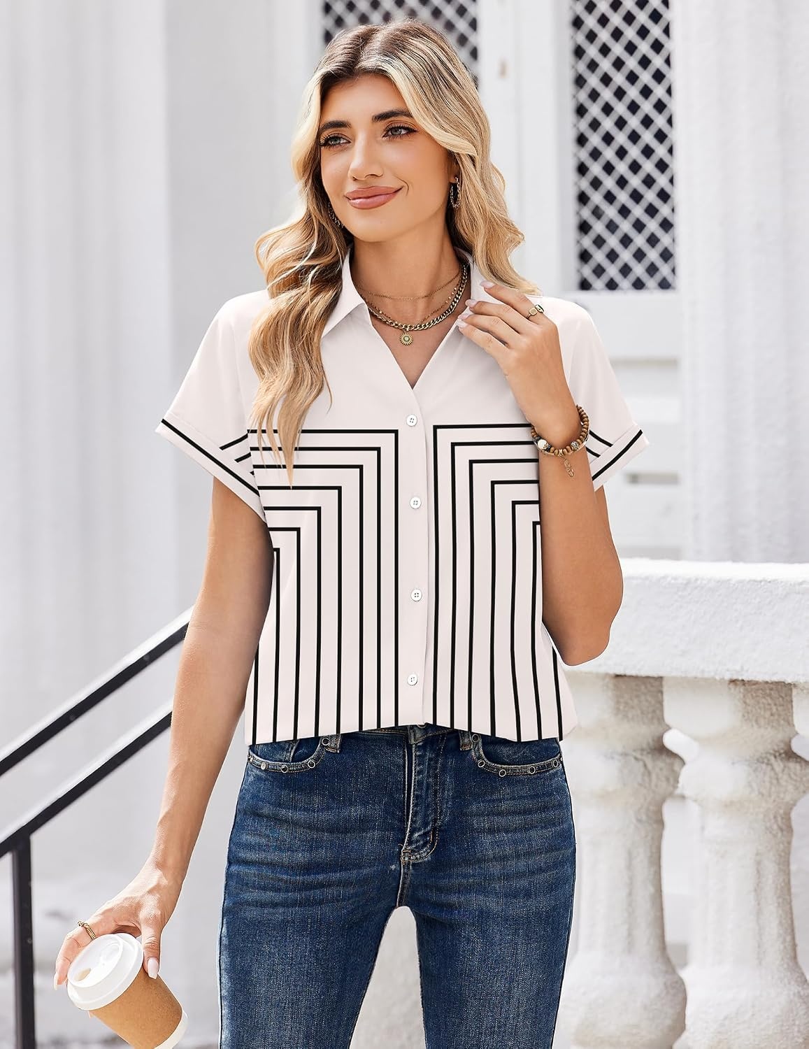 image:imageZeagoo Womens Tops Short Sleeve Shirt Button Down V Neck Casual Blouse 2026Multi