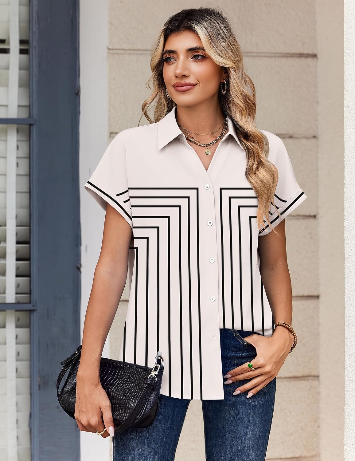 image:imageZeagoo Womens Tops Short Sleeve Shirt Button Down V Neck Casual Blouse 2026Multi