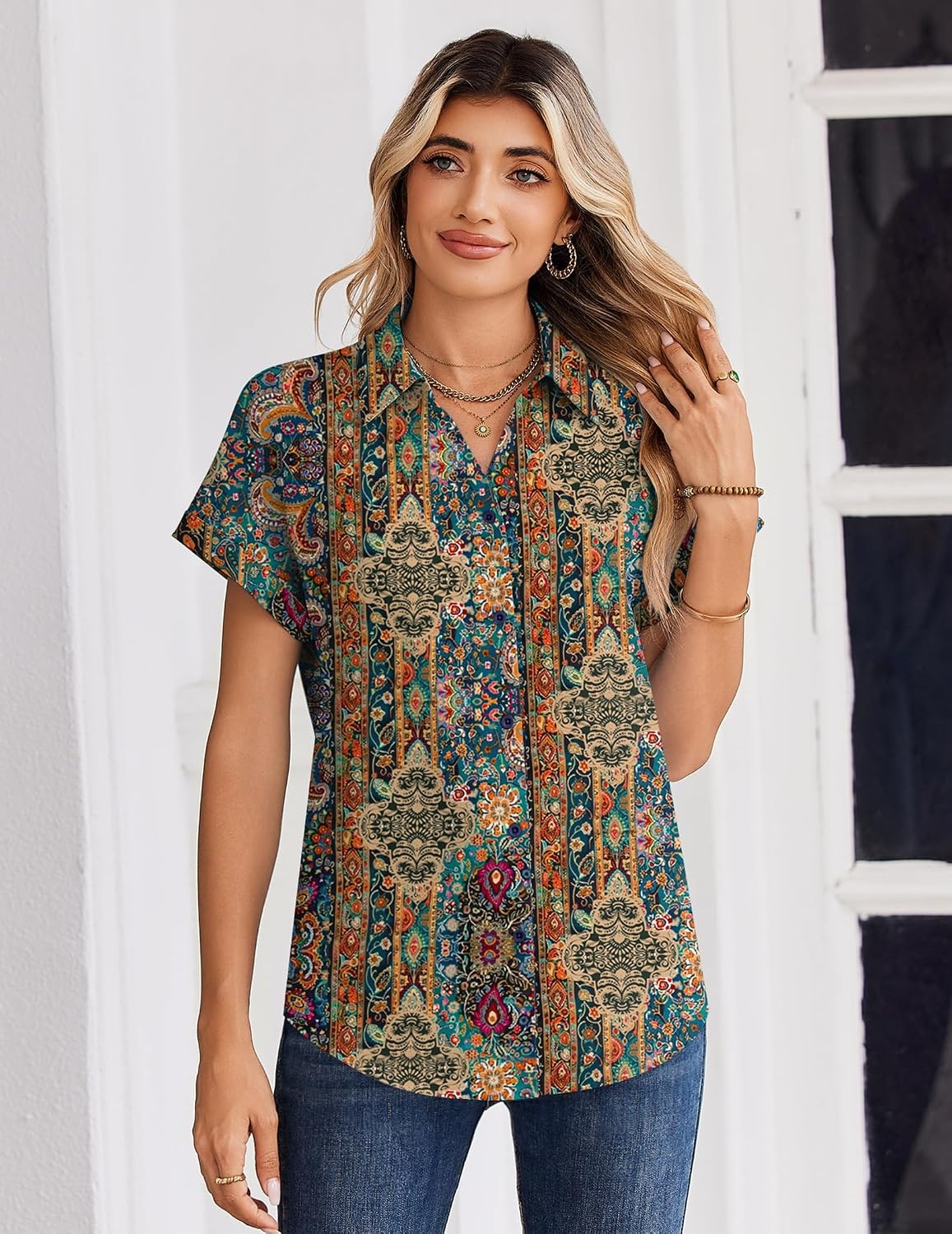 image:imageZeagoo Womens Tops Short Sleeve Shirt Button Down V Neck Casual Blouse 2026Multicolor721