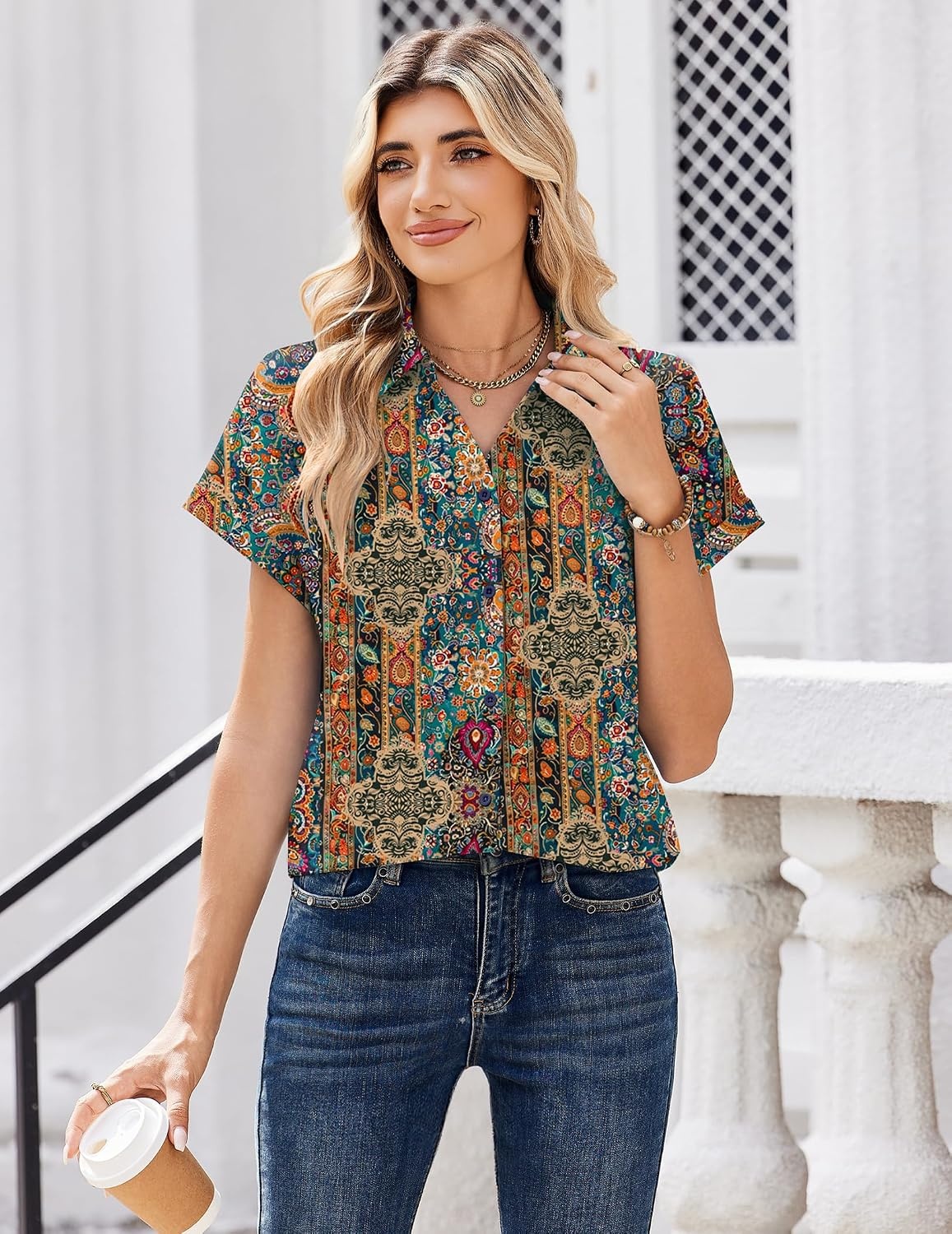 image:imageZeagoo Womens Tops Short Sleeve Shirt Button Down V Neck Casual Blouse 2026Multicolor721