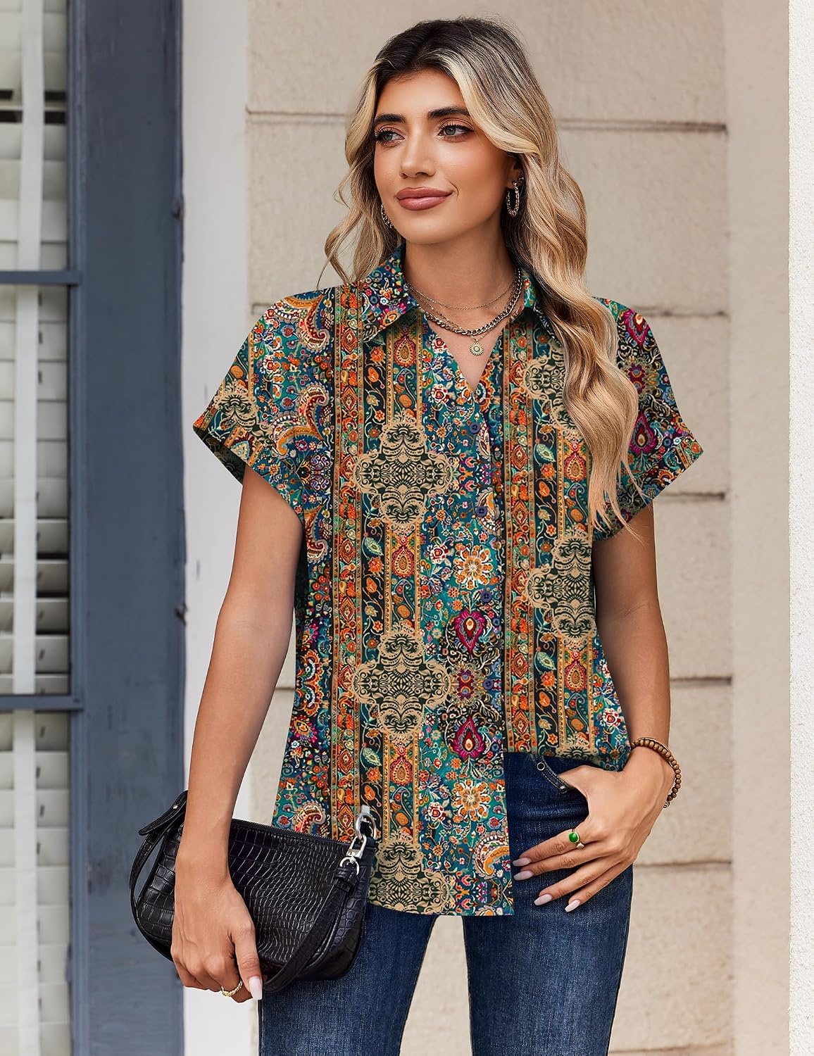 image:imageZeagoo Womens Tops Short Sleeve Shirt Button Down V Neck Casual Blouse 2026Multicolor721