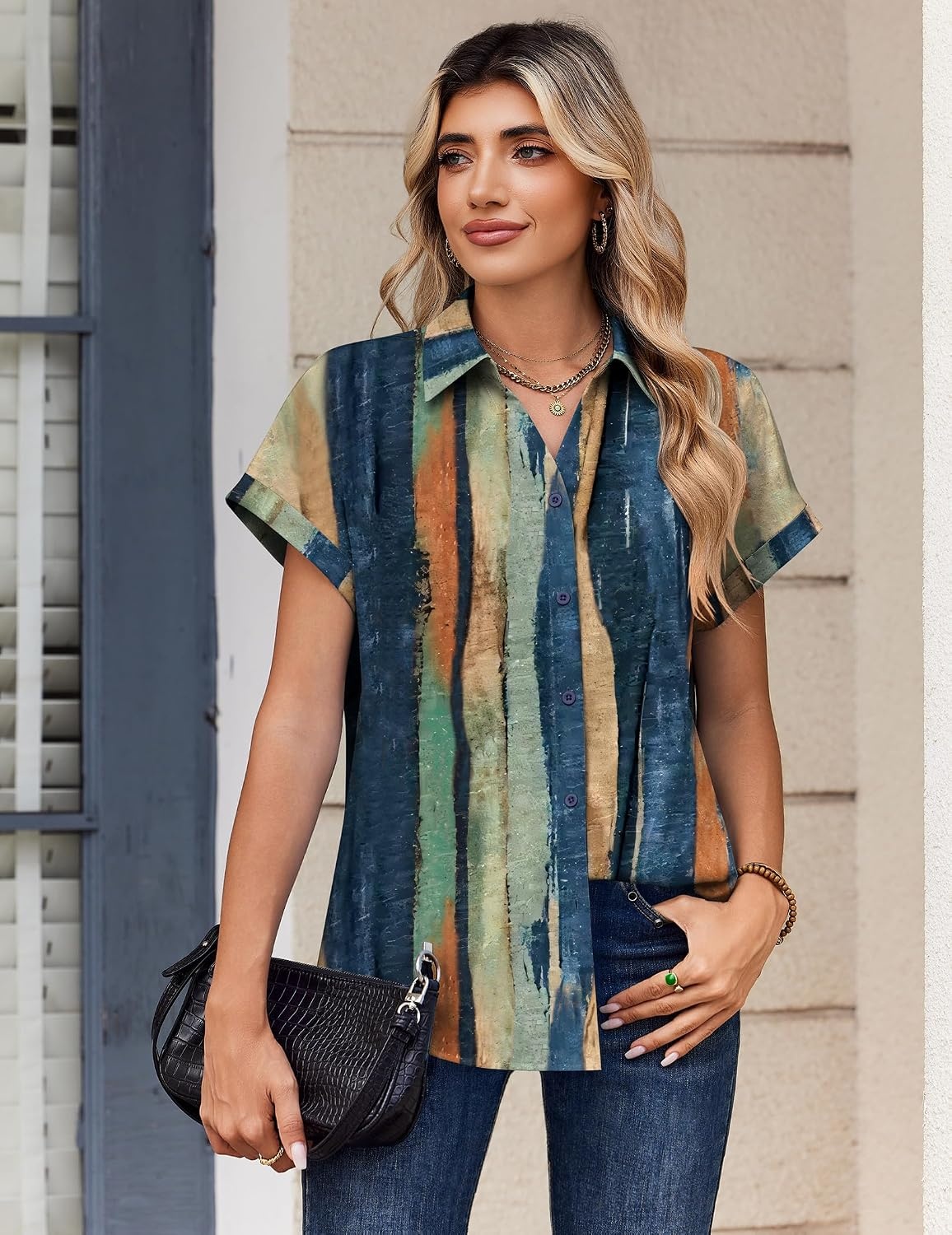 image:imageZeagoo Womens Tops Short Sleeve Shirt Button Down V Neck Casual Blouse 2026Stripe1