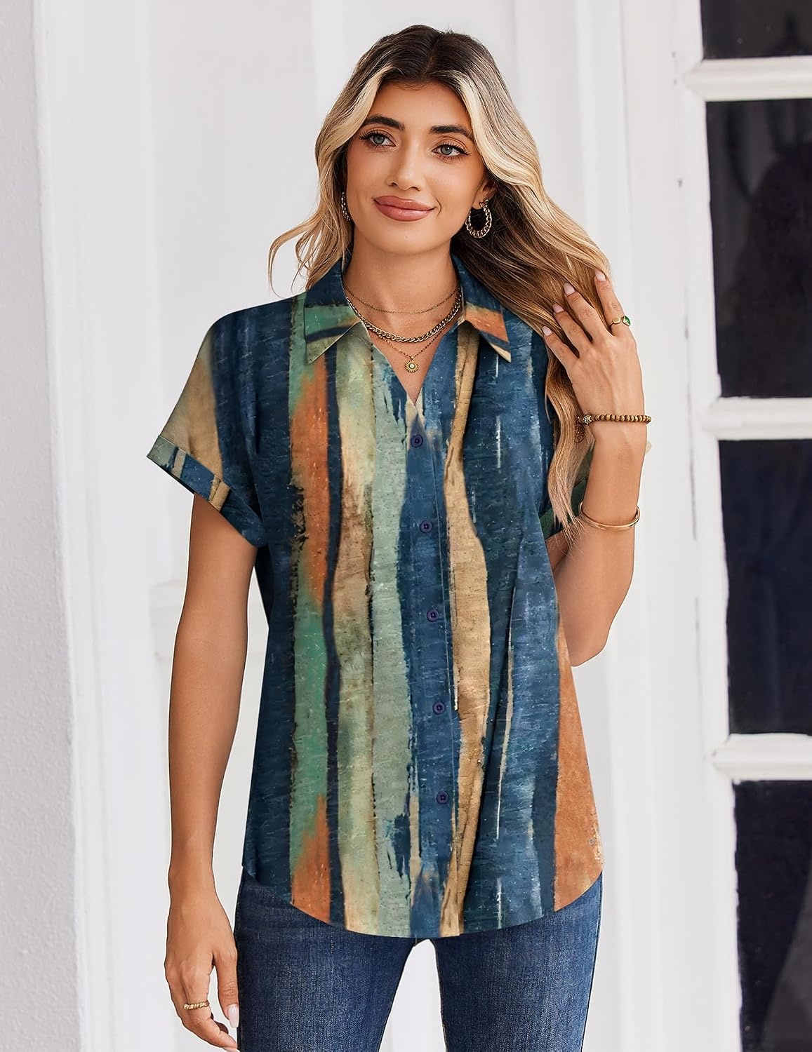 image:imageZeagoo Womens Tops Short Sleeve Shirt Button Down V Neck Casual Blouse 2026Stripe1