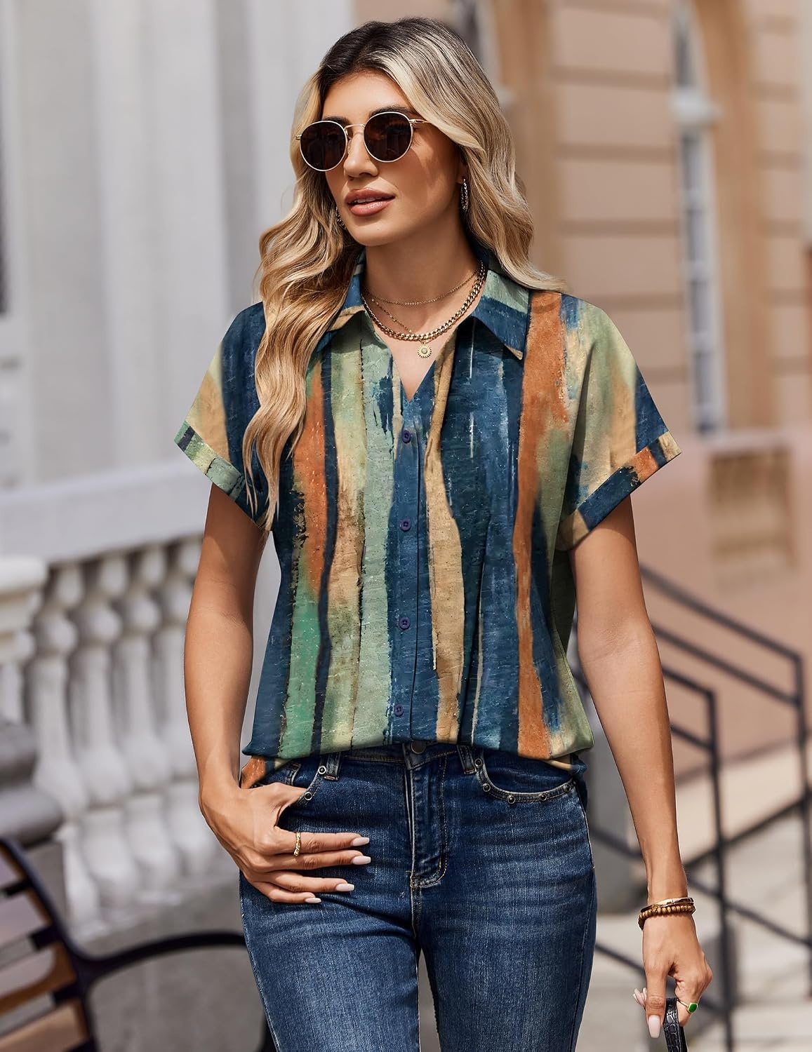 image:imageZeagoo Womens Tops Short Sleeve Shirt Button Down V Neck Casual Blouse 2026Stripe1