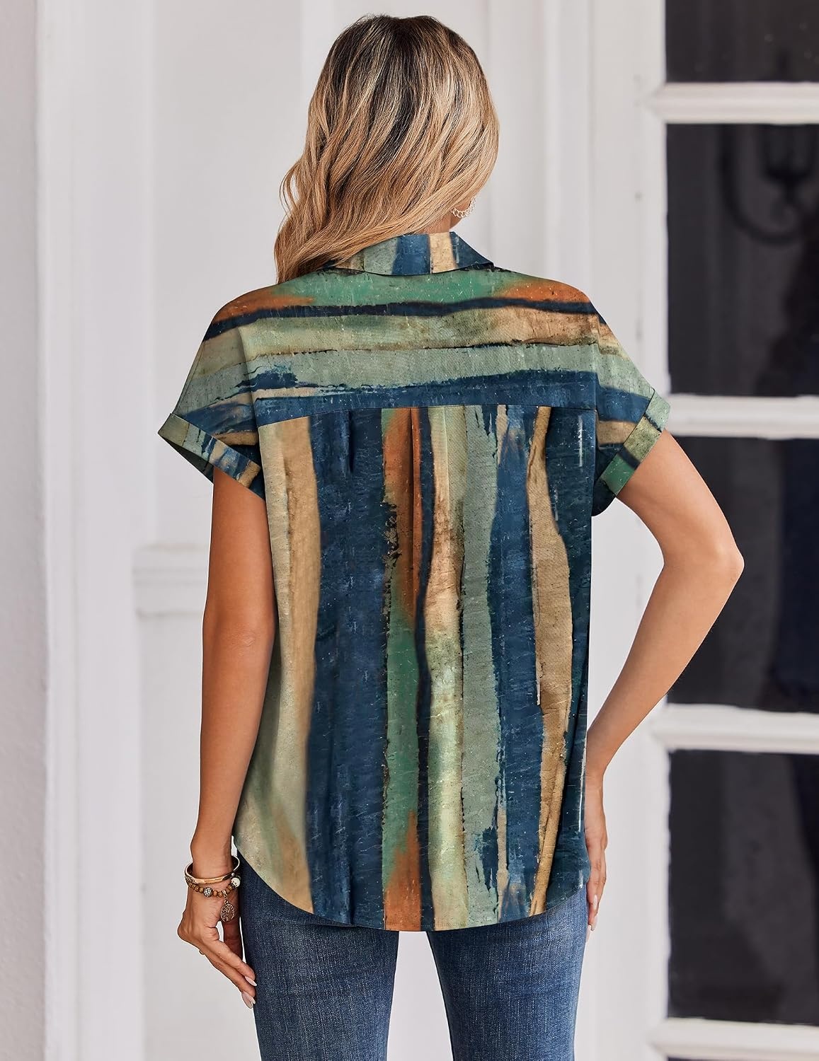 image:imageZeagoo Womens Tops Short Sleeve Shirt Button Down V Neck Casual Blouse 2026Stripe1
