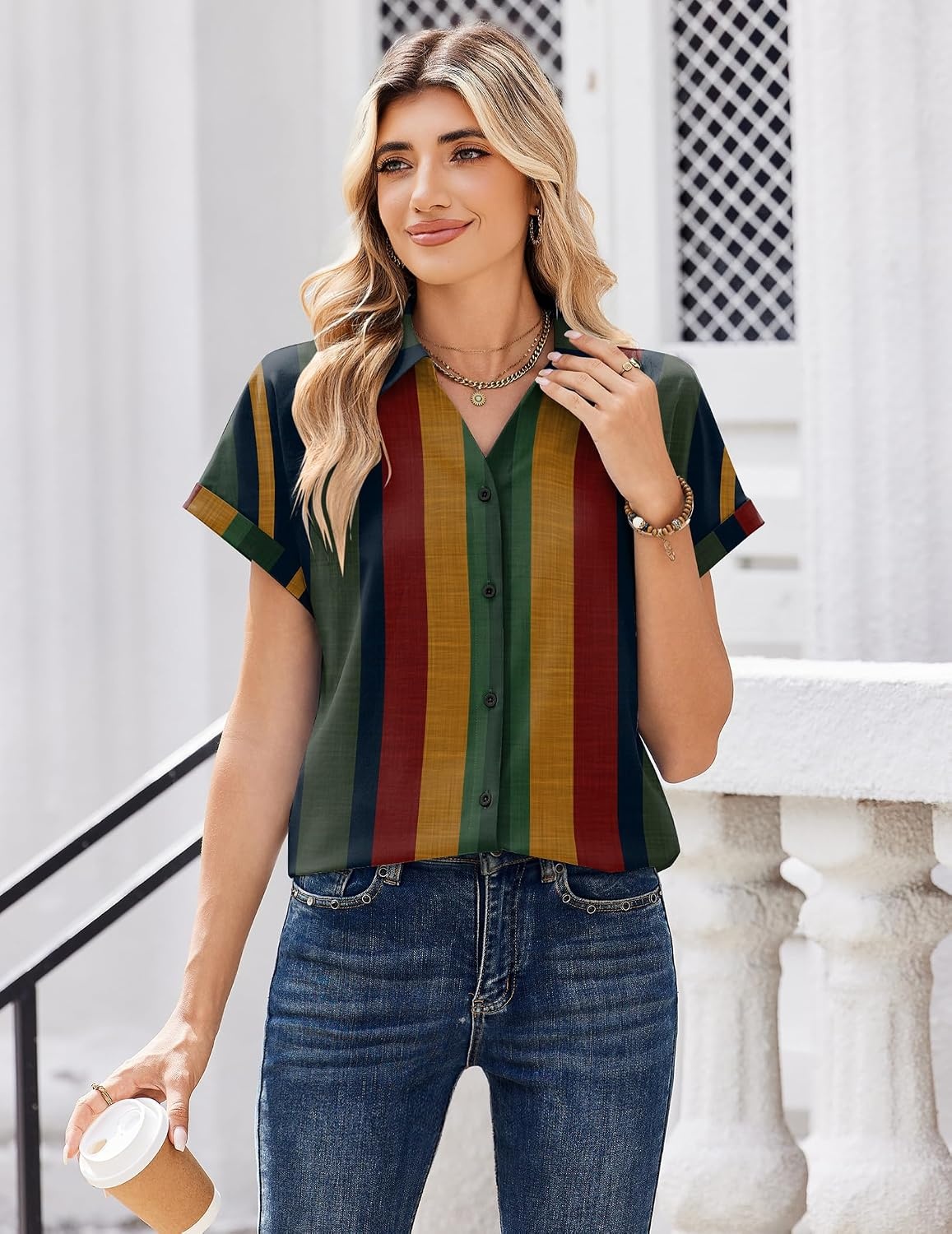 image:imageZeagoo Womens Tops Short Sleeve Shirt Button Down V Neck Casual Blouse 2026Stripe2