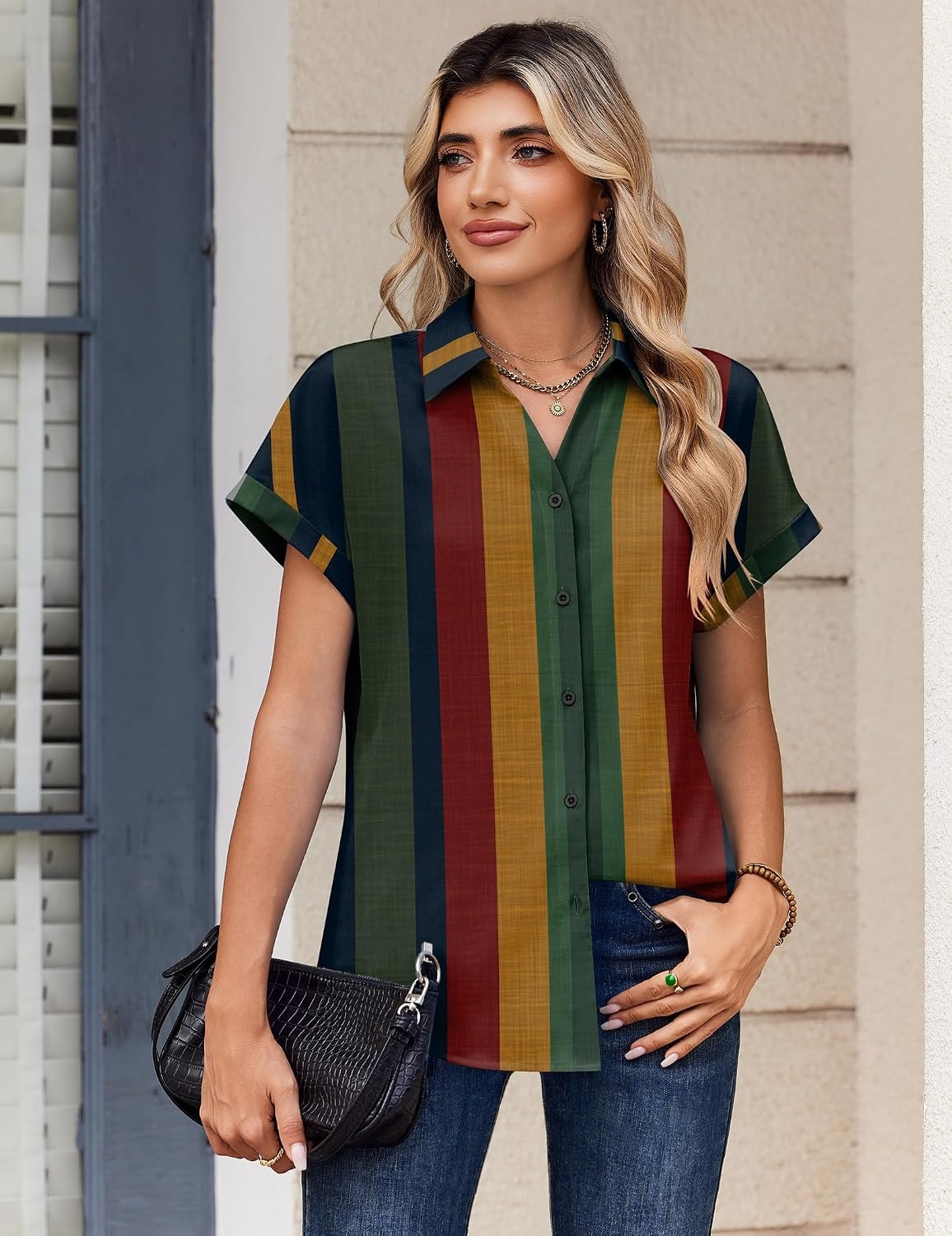image:imageZeagoo Womens Tops Short Sleeve Shirt Button Down V Neck Casual Blouse 2026Stripe2