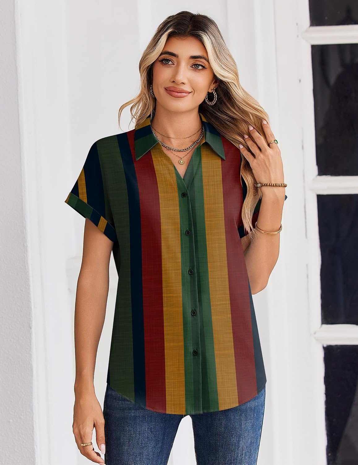 image:imageZeagoo Womens Tops Short Sleeve Shirt Button Down V Neck Casual Blouse 2026Stripe2