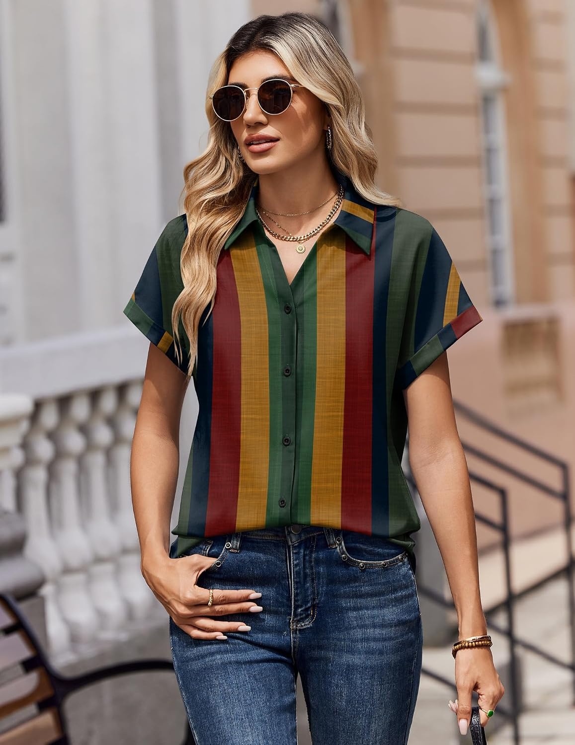 image:imageZeagoo Womens Tops Short Sleeve Shirt Button Down V Neck Casual Blouse 2026Stripe2