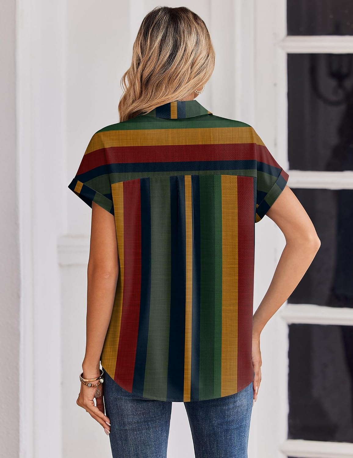 image:imageZeagoo Womens Tops Short Sleeve Shirt Button Down V Neck Casual Blouse 2026Stripe2