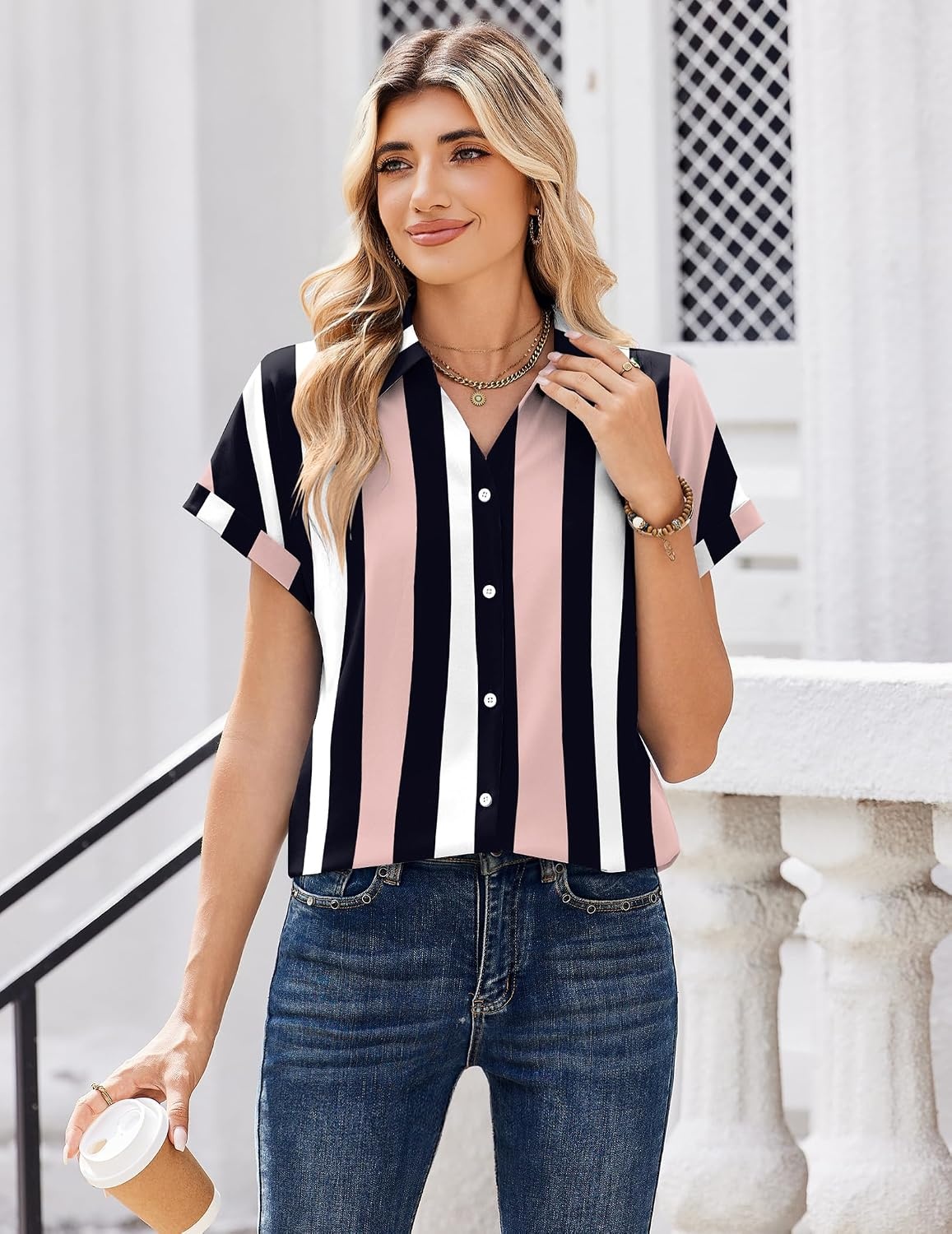 image:imageZeagoo Womens Tops Short Sleeve Shirt Button Down V Neck Casual Blouse 2026Stripe3