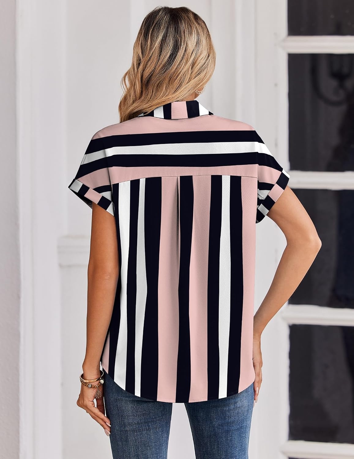 image:imageZeagoo Womens Tops Short Sleeve Shirt Button Down V Neck Casual Blouse 2026Stripe3