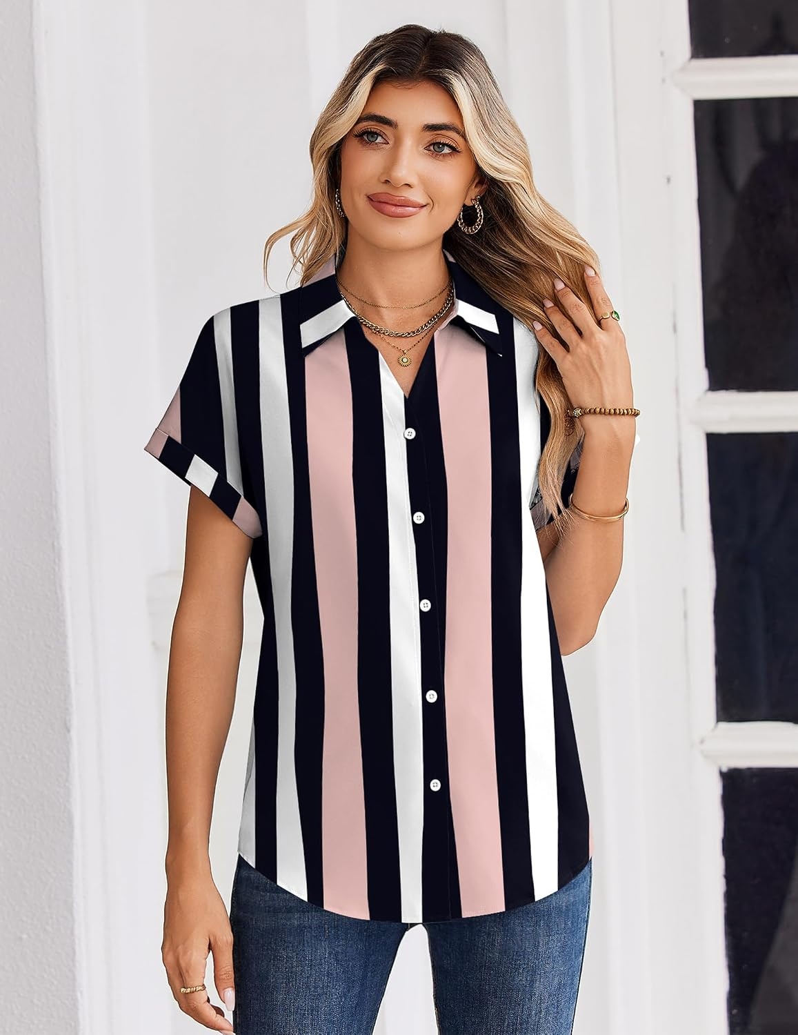 image:imageZeagoo Womens Tops Short Sleeve Shirt Button Down V Neck Casual Blouse 2026Stripe3