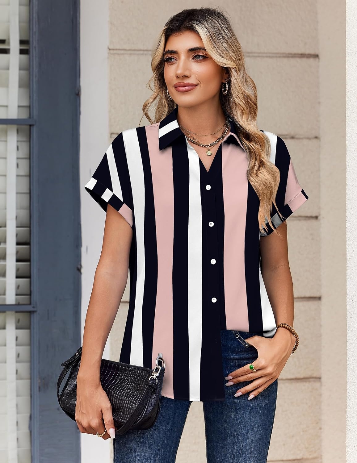image:imageZeagoo Womens Tops Short Sleeve Shirt Button Down V Neck Casual Blouse 2026Stripe3