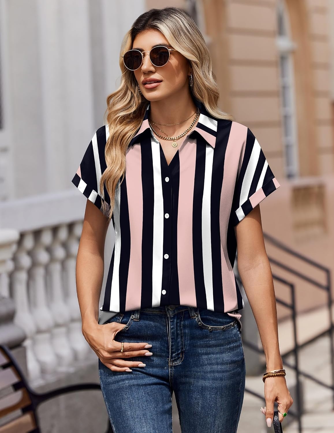 image:imageZeagoo Womens Tops Short Sleeve Shirt Button Down V Neck Casual Blouse 2026Stripe3