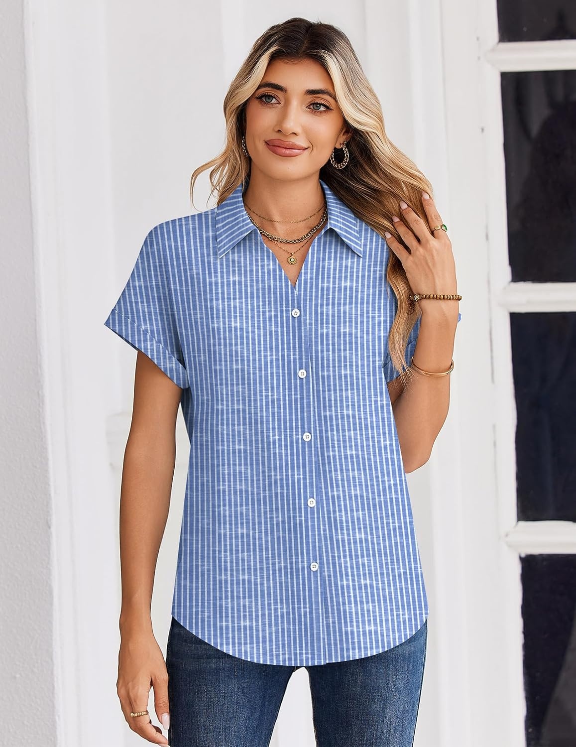 image:imageZeagoo Womens Tops Short Sleeve Shirt Button Down V Neck Casual Blouse 2026Stripe4