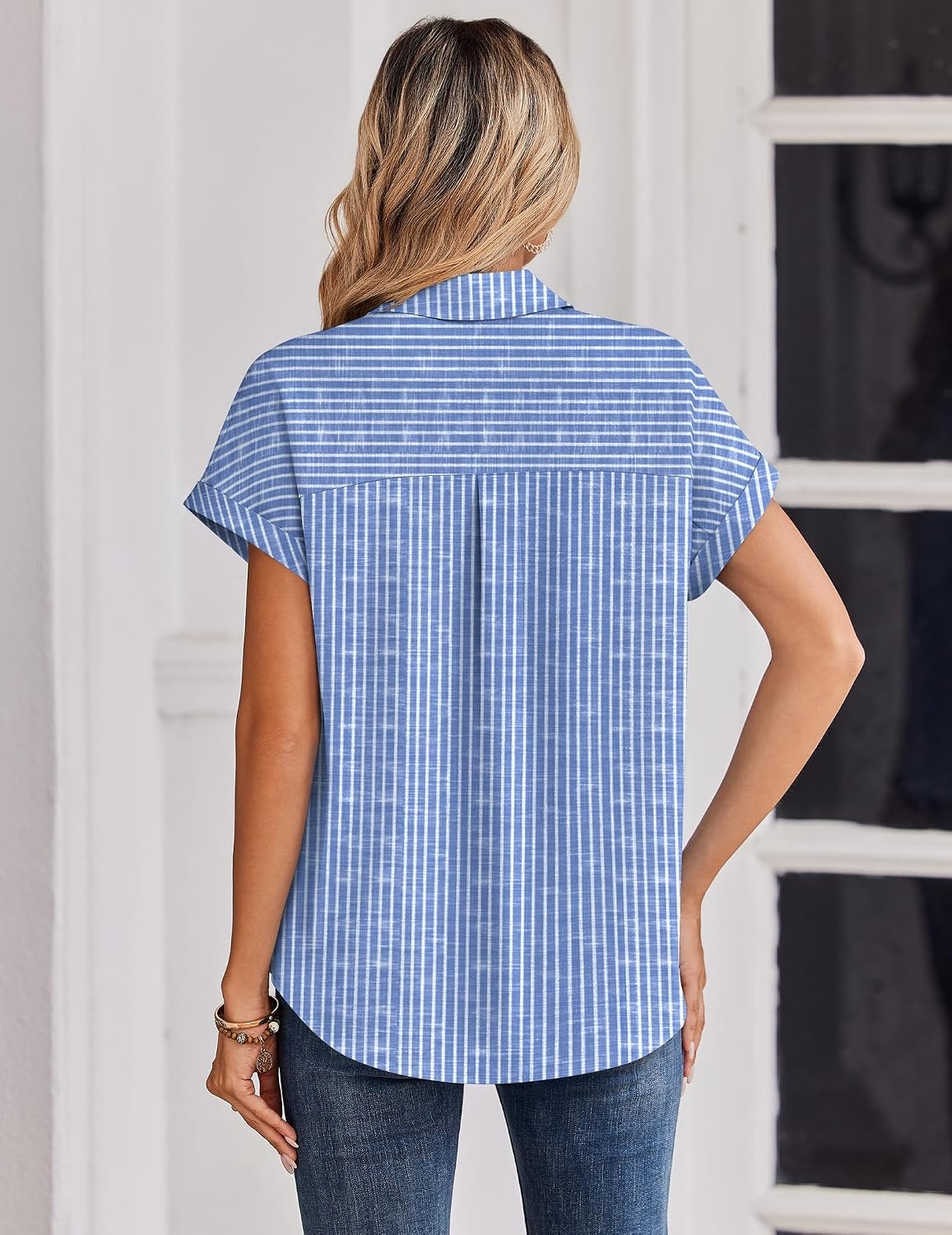 image:imageZeagoo Womens Tops Short Sleeve Shirt Button Down V Neck Casual Blouse 2026Stripe4