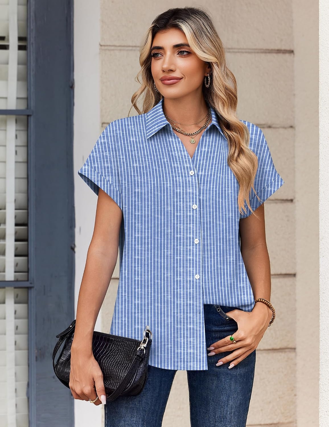 image:imageZeagoo Womens Tops Short Sleeve Shirt Button Down V Neck Casual Blouse 2026Stripe4