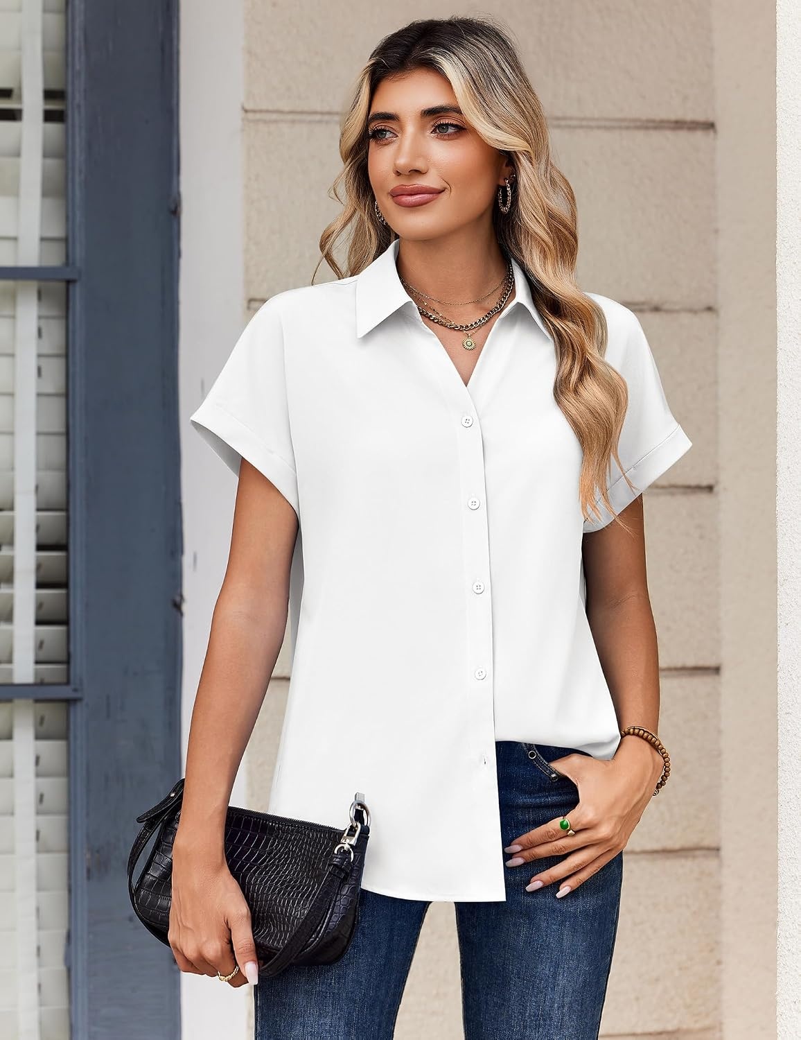 image:imageZeagoo Womens Tops Short Sleeve Shirt Button Down V Neck Casual Blouse 2026White