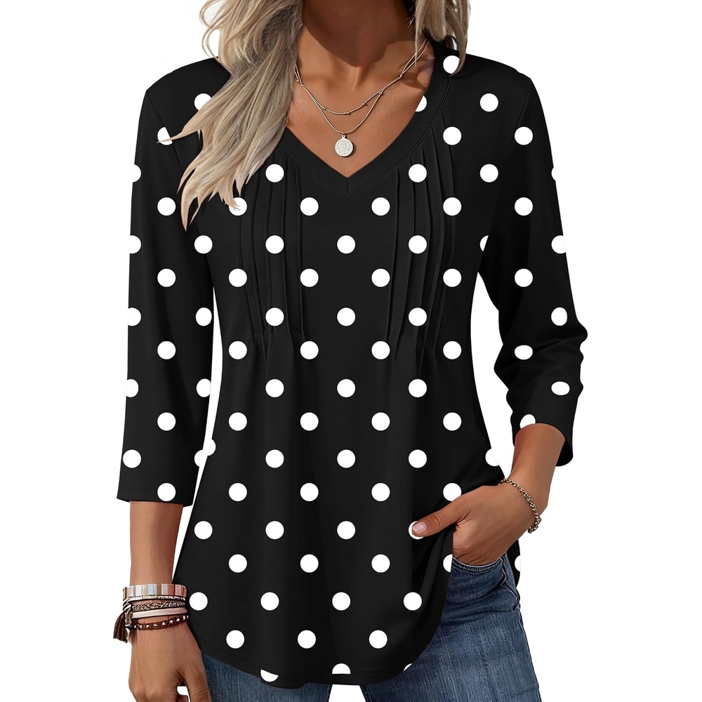 image:imageZeagoo 34 Length Sleeve Womens Tops V Neck Pleated Boho Floral BlousesBlack Polka Dots