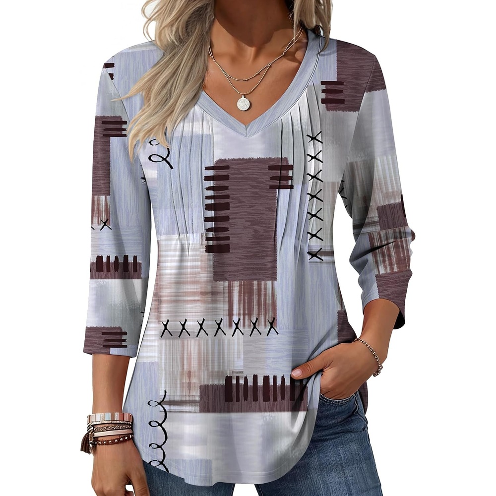 image:imageZeagoo 34 Length Sleeve Womens Tops V Neck Pleated Boho Floral BlousesBlue Brown 609