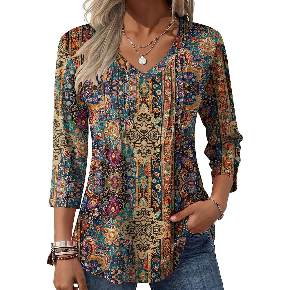 image:imageZeagoo 34 Length Sleeve Womens Tops V Neck Pleated Boho Floral BlousesBoho Mz721