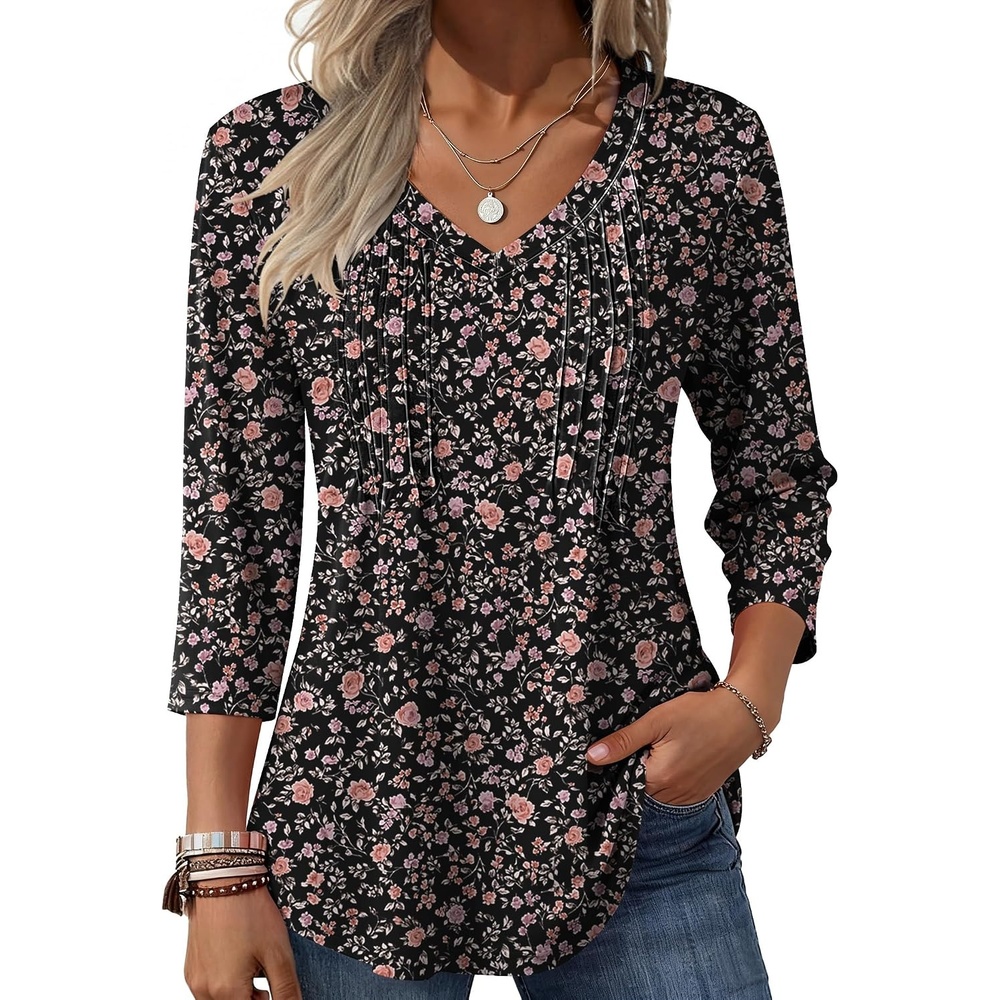 image:imageZeagoo 34 Length Sleeve Womens Tops V Neck Pleated Boho Floral BlousesFloral Black
