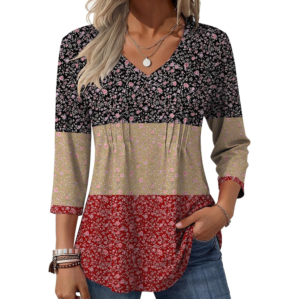 image:imageZeagoo 34 Length Sleeve Womens Tops V Neck Pleated Boho Floral BlousesFloral Multiple Color