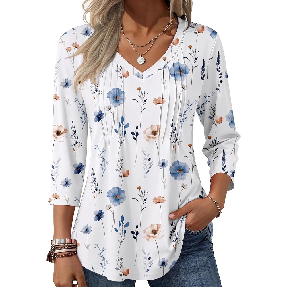 image:imageZeagoo 34 Length Sleeve Womens Tops V Neck Pleated Boho Floral BlousesFloral White