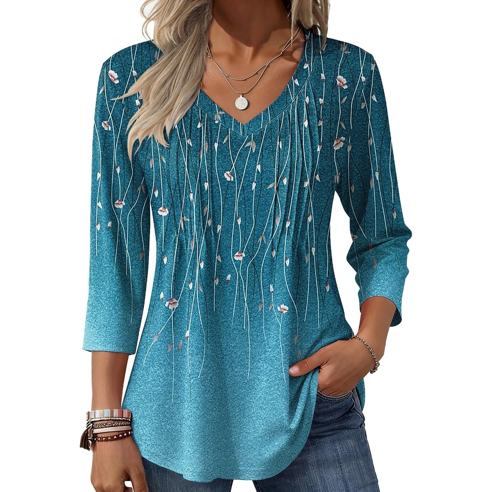 image:imageZeagoo 34 Length Sleeve Womens Tops V Neck Pleated Boho Floral BlousesLeaf Green