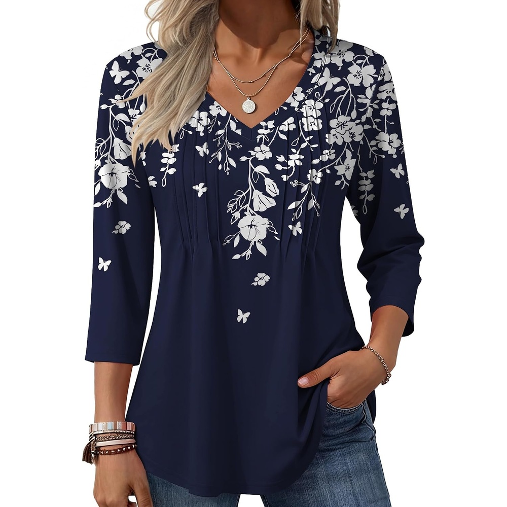 image:imageZeagoo 34 Length Sleeve Womens Tops V Neck Pleated Boho Floral BlousesLeaf Navy