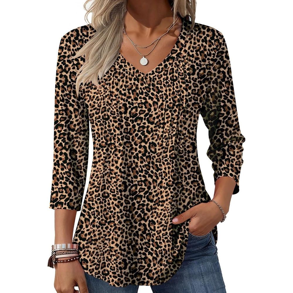 image:imageZeagoo 34 Length Sleeve Womens Tops V Neck Pleated Boho Floral BlousesLeopard
