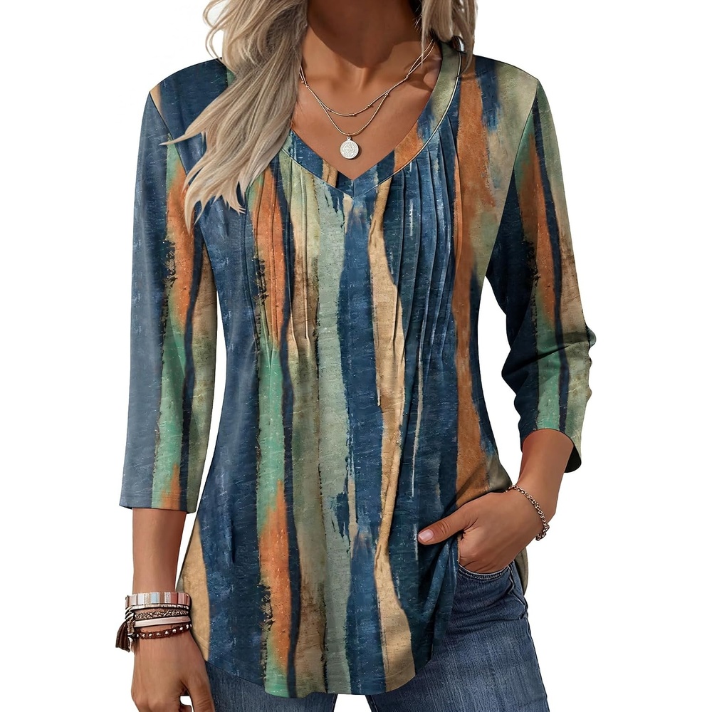 image:imageZeagoo 34 Length Sleeve Womens Tops V Neck Pleated Boho Floral BlousesMulticolor 289